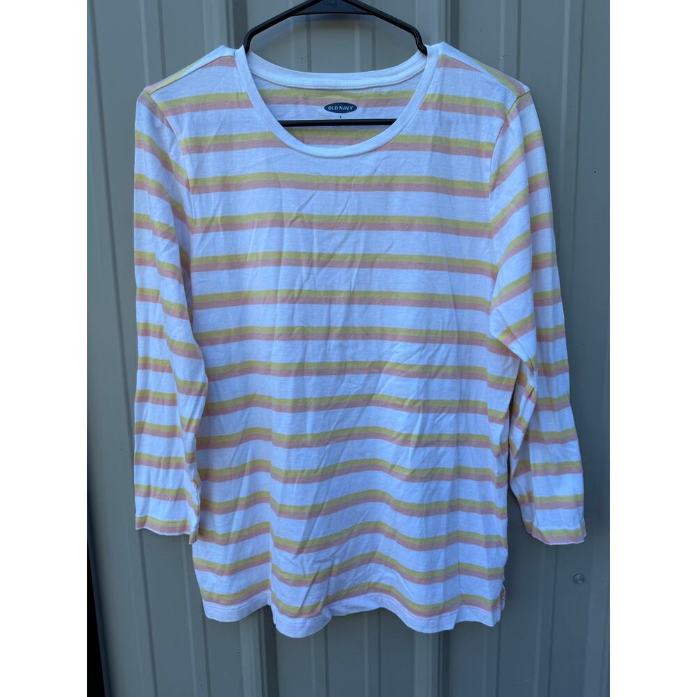 Old Navy White Peach Striped Long Sleeve Scoop Neck Shirt Size Large